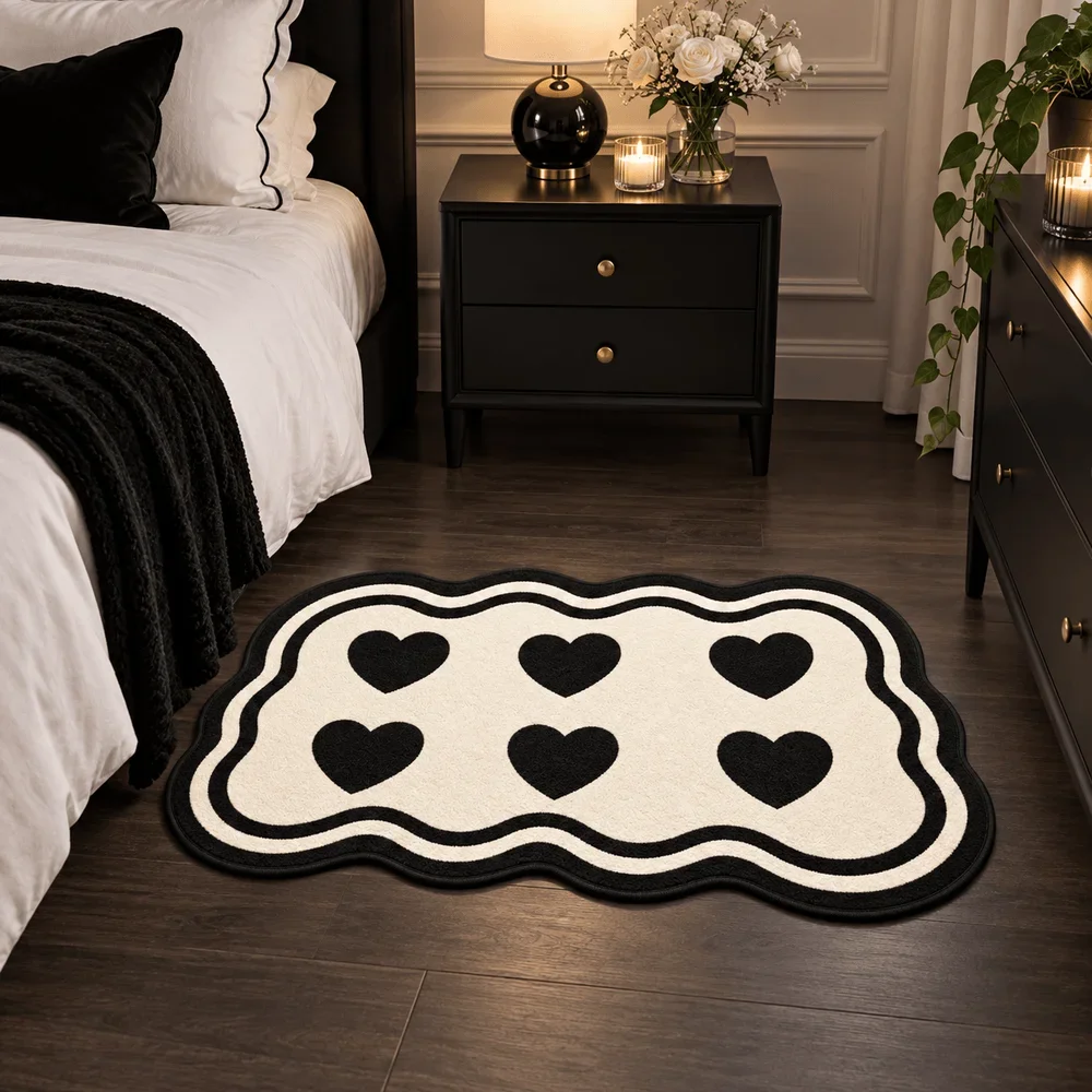 Black Heart Pattern Shaped Area Rug Soft Flannel Non Slip Floor Mat For Bedroom Living Room Dressing Room Home Decor Gift