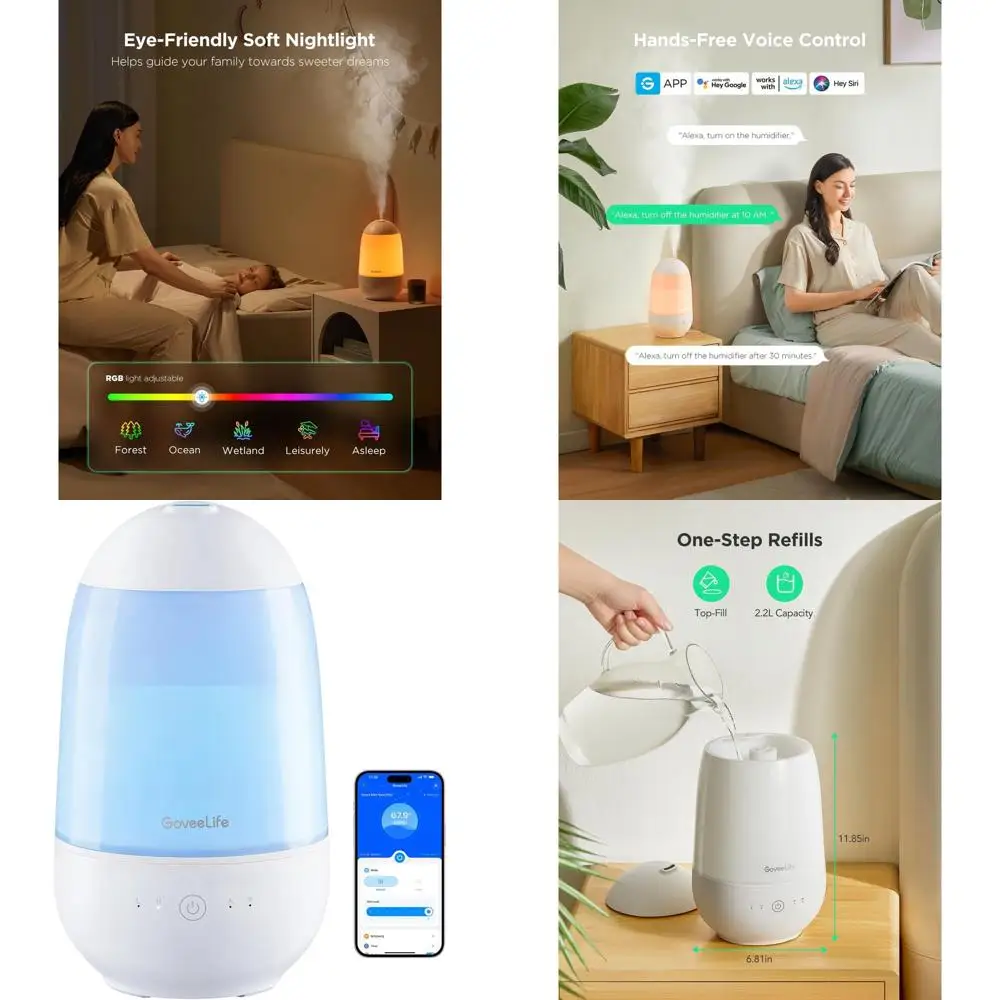 

Умный увлажнитель воздуха с холодным туманом для спален, детских комнат и растений, с легкой очисткой, верхним наполнением, управлением через приложение/голосом, поддержкой эфирных масел