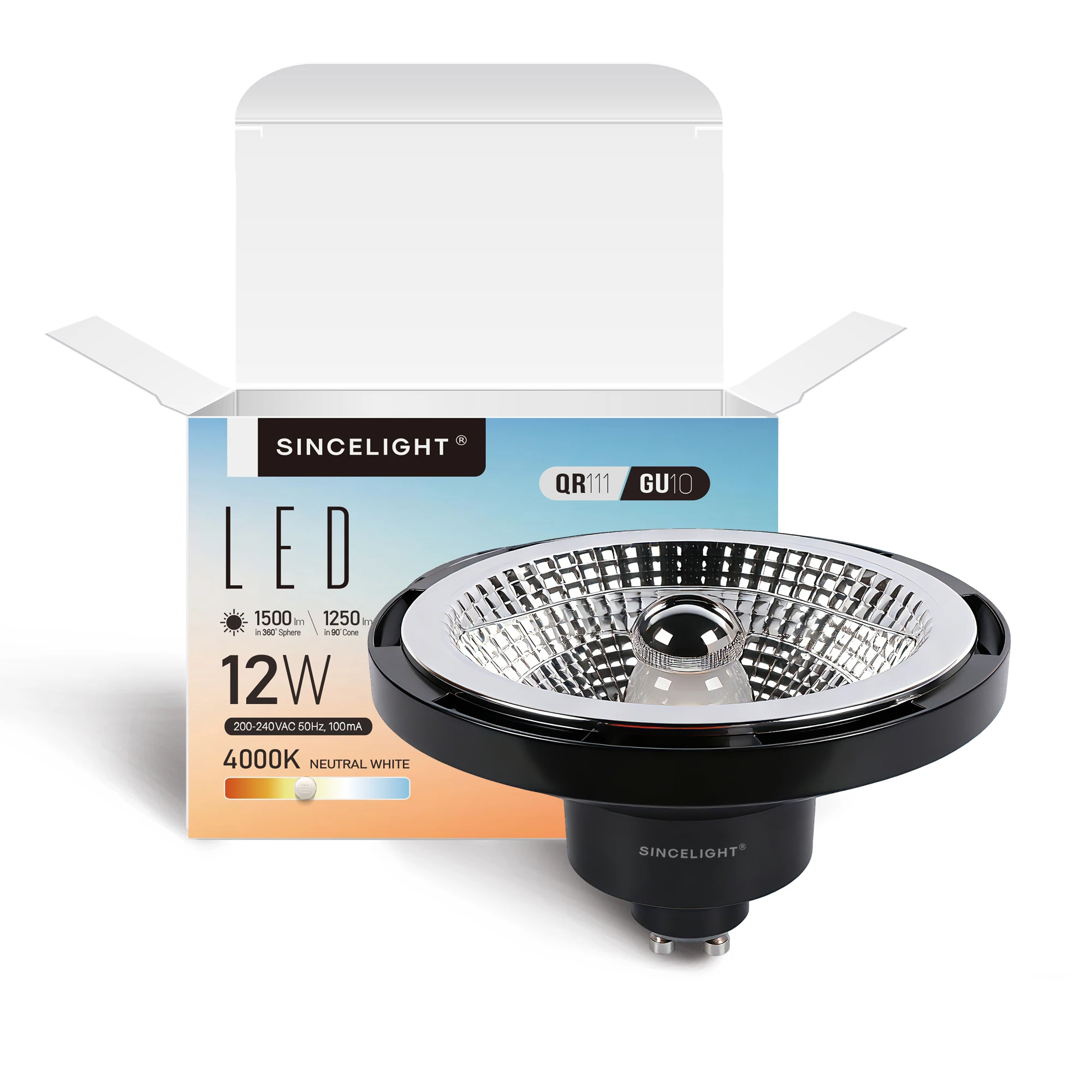 Pack of 1, GU10 LED Light Bulbs, 12W QR111 Reflector, Professional Anti-Glare AR111 Spotlight, 45 Degree Beam Angle, 3000K/4000K