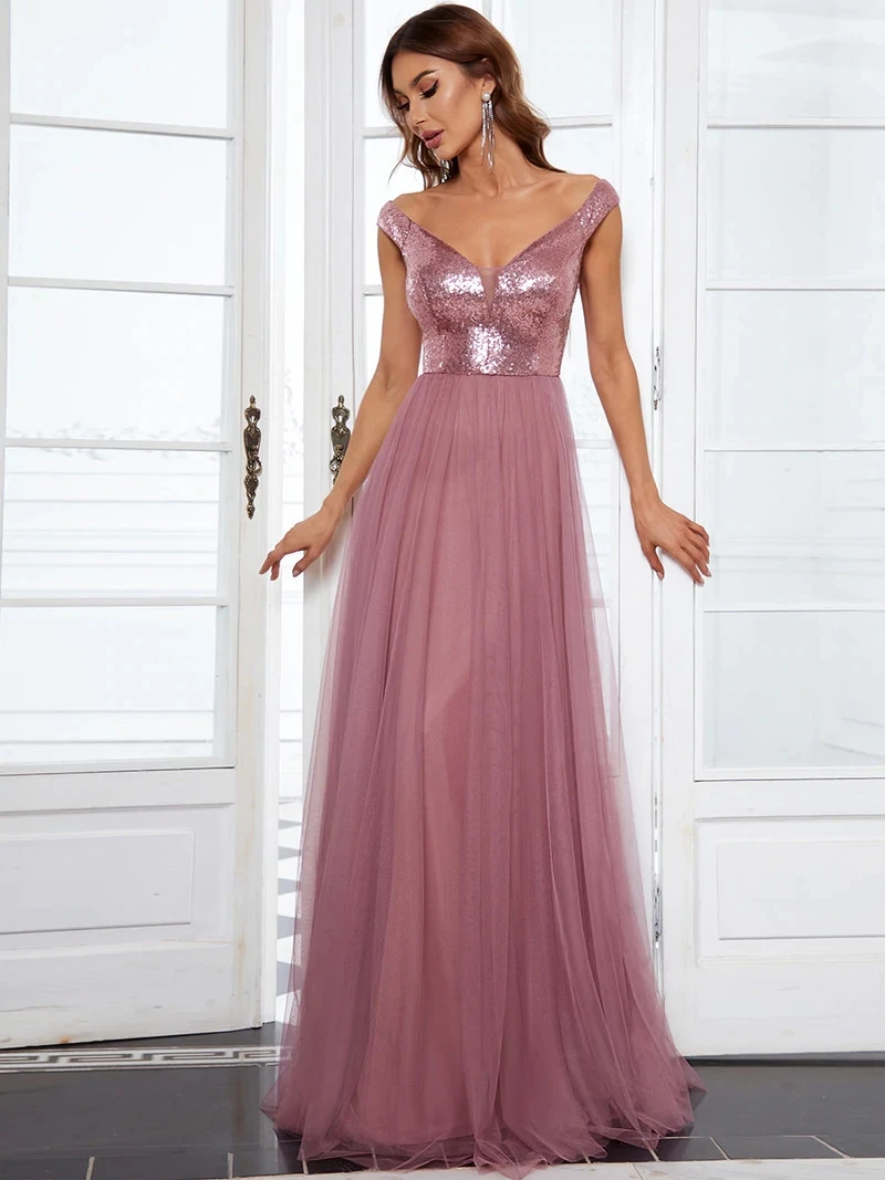 Elegant Evening Dresses A-LINE Sleeveless V-neck Long Sequins 2024 ever pretty of Simple Prom Dress Women