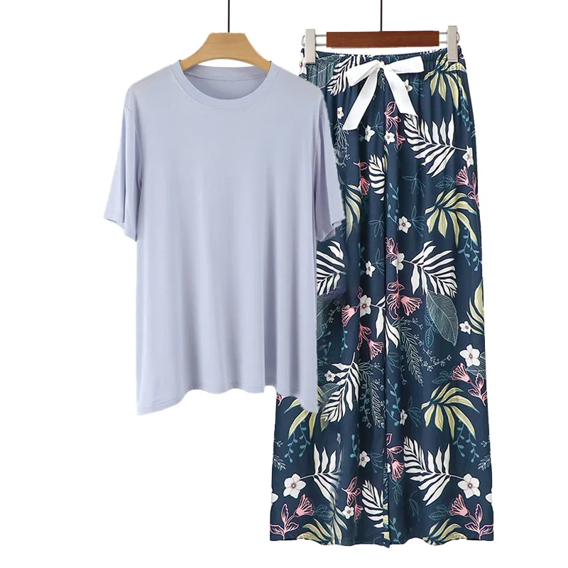 Summer Modal Viscose Pajamas Sets 2 Piece Short Sleeve with Botanical Print Cropped Pants Casual Homewear for Lady's Loungewear