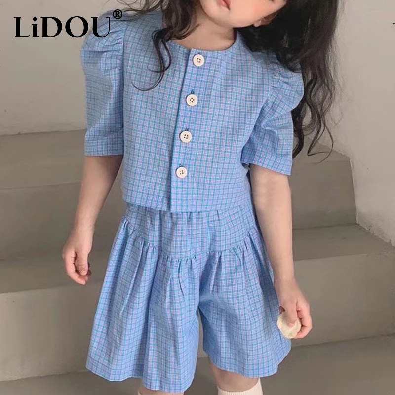 

2023 New Korean Fashion Children's Sets for Girl Sports Chic Solid Color Round Collar Cute Kawaii Vintage Loose Casual Skirts