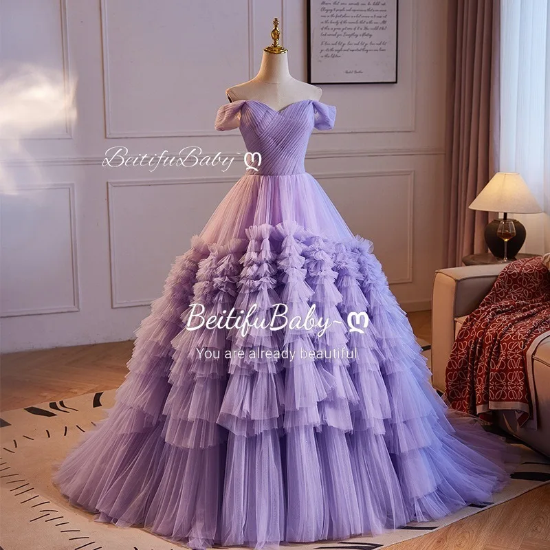 BeitifuBaby Princess Style Women's Evening Dress Off The Shoulder Lace Tiered Pleated Skirts Banquet Ball Gown Formal Dresses