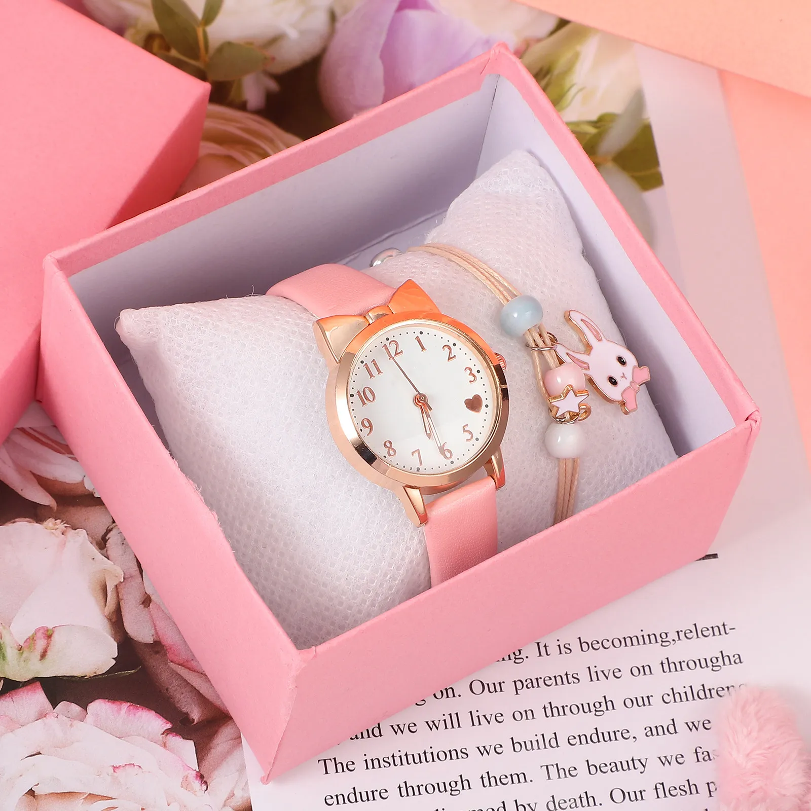 

Детские кварцевые часы с кроликом, простым арабским циферблатом и браслетом из бусин для изучения времени, на день рождения, День защиты детей