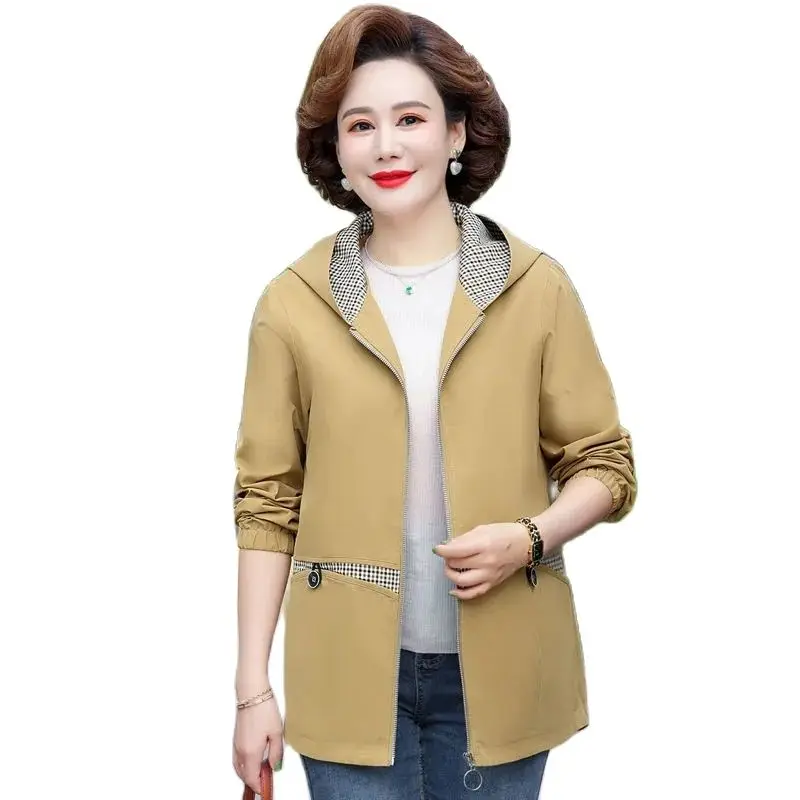 Mother's Windbreaker Spring Autumn New Fashion Lady Coat Thin Print Middle-Aged Elderly Women Spring Trench Coat Tops Outerwear