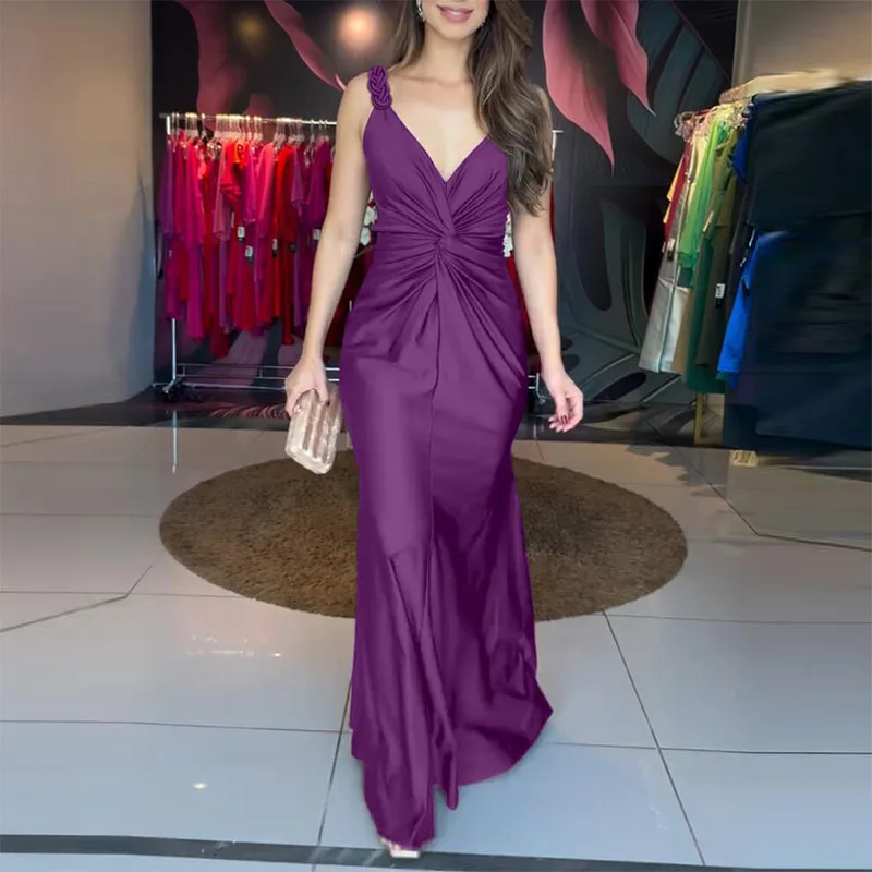 Fashion Solid Color Slim Fishtail Dress Temperament V-neck Twist Sleeveless Halter Dress Elegant Hollow Out Satin Evening Dress