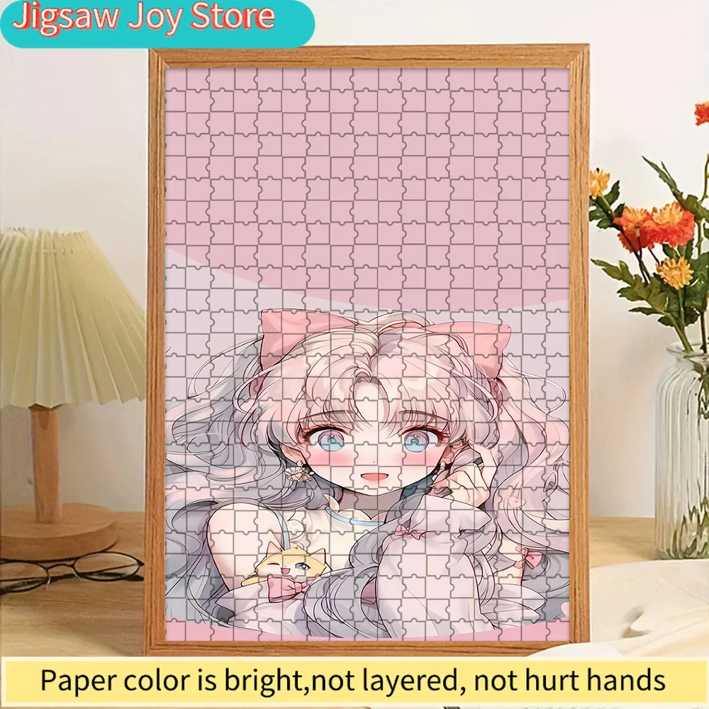 

Пазл с аниме-девушкой и маленьким котиком, милый художественный рисунок девушки с розовыми волосами, большим розовым бантом и милым котиком на розовом фоне