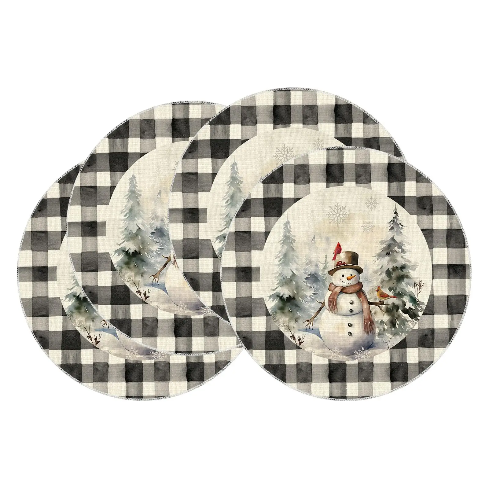 

Watercolor Buffalo Plaid Snowman Snowflakes Christmas Winter Xmas Round Placemats Table Mats for Home Dining Table Decor 14 Inch