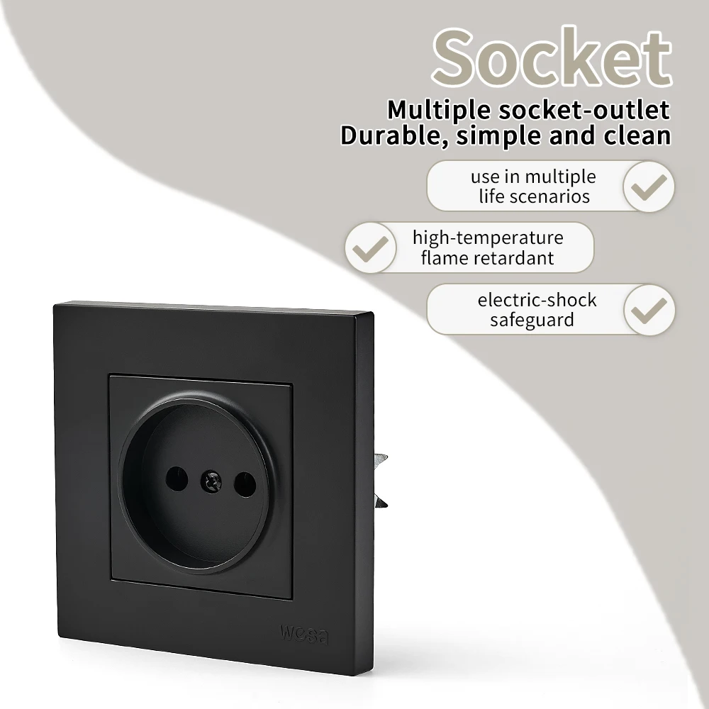 Black Flame Retardant Wall Embedded Electrical Outlets AC Power Sockets Not Ground Paint Plastic EU Standard Classic 250V Ground view 2