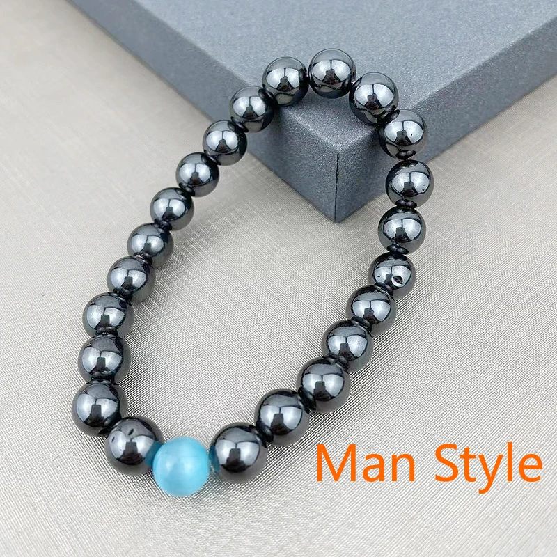 tiki  2 rupee item 8 Inch Popular браслет Personality Man 8MM Black Hematite Pulseras Cats Eye Lucky Beaded Bracelet Jewelry