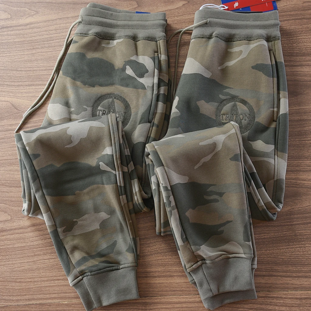 Winter American Retro Thickened Velvet 3D Letter Camouflage Sweatpants Men's Fashion Drawstring Sports Casual Ankle-tied Pants