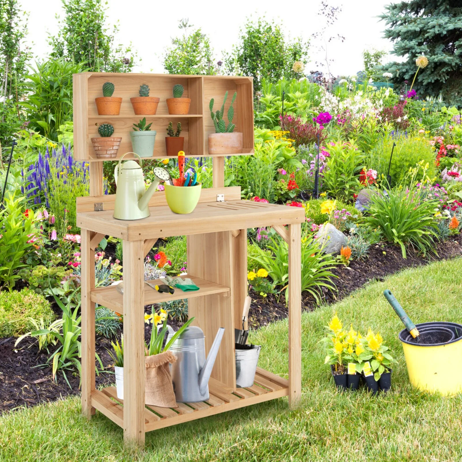 

US Outdoor Potting Bench Wooden Workstation Garden Potting Table w/Storage Shelf