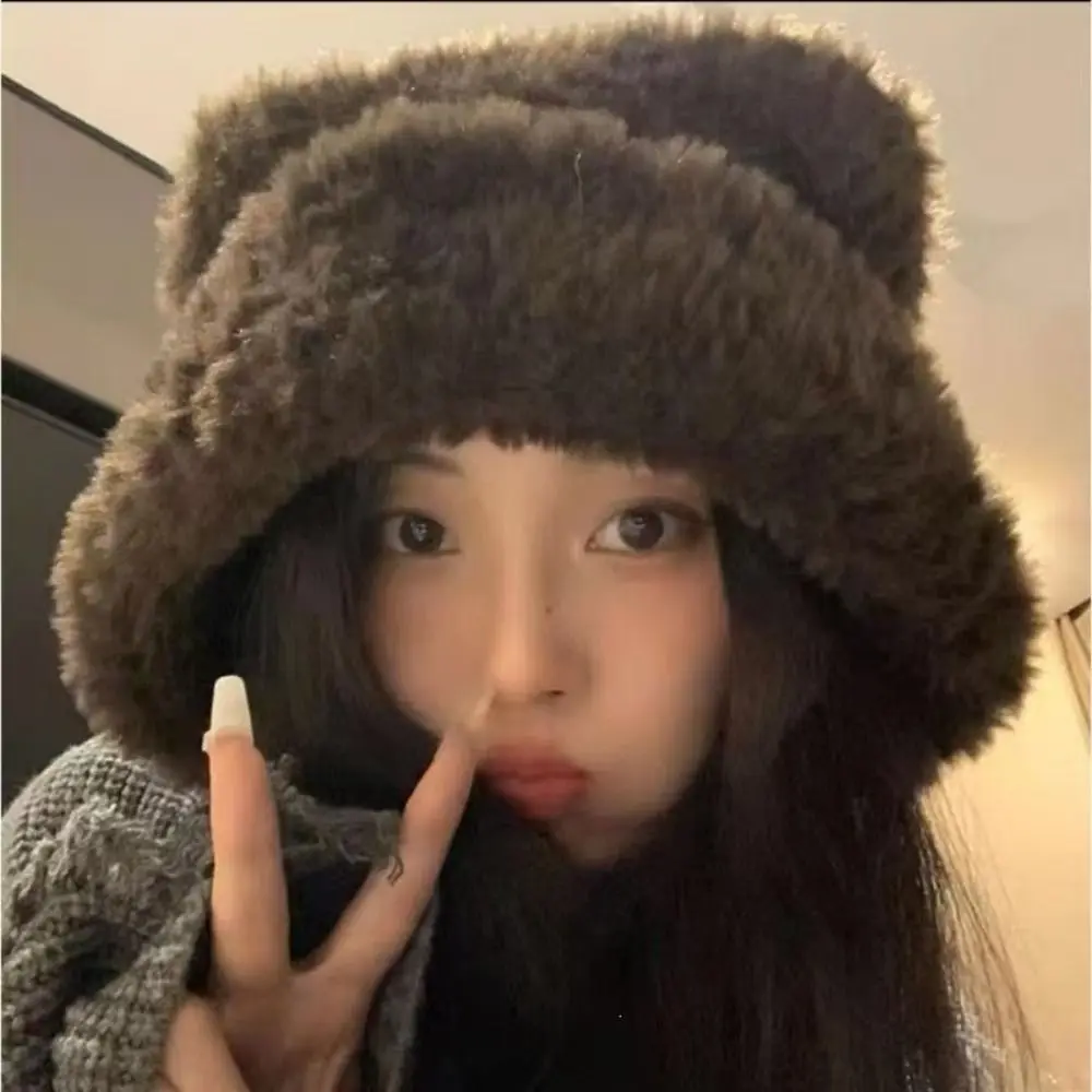 Soft Lace-up Bear Ears Knit Hat Slouchy Warm Ear Protection Hat Fleece Lined Cold-proof Beanie Cap Winter