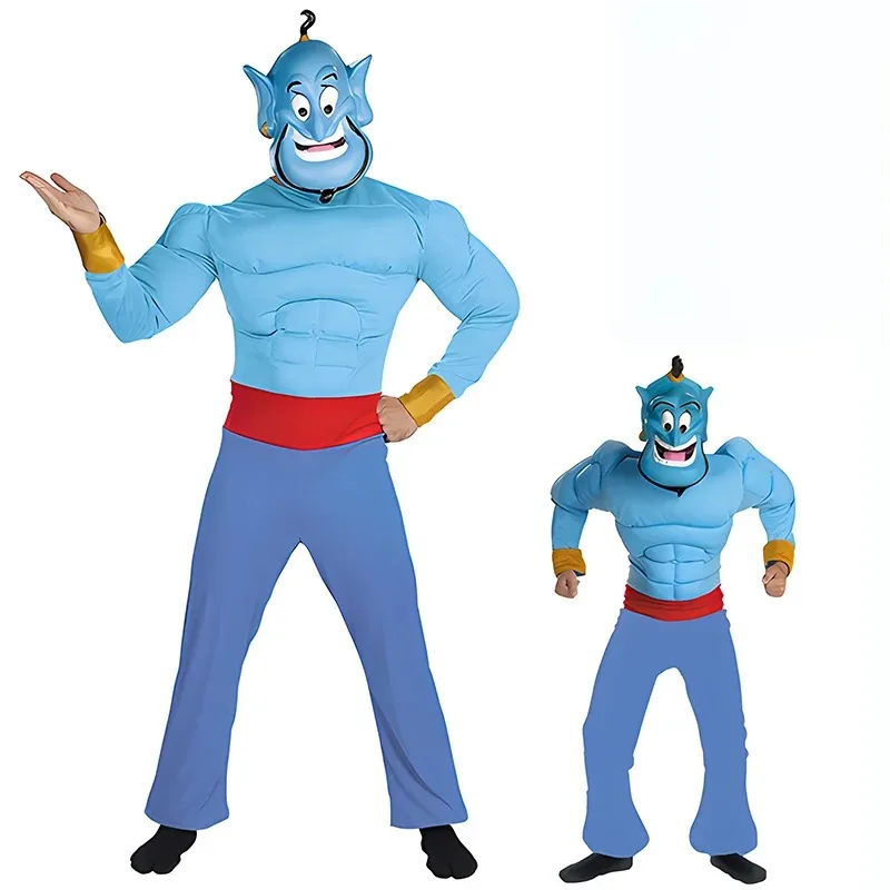 Crianças genie músculo traje de halloween para meninos criança lâmpada mágica genie músculo cosplay macacão e máscara conjunto carnaval purim