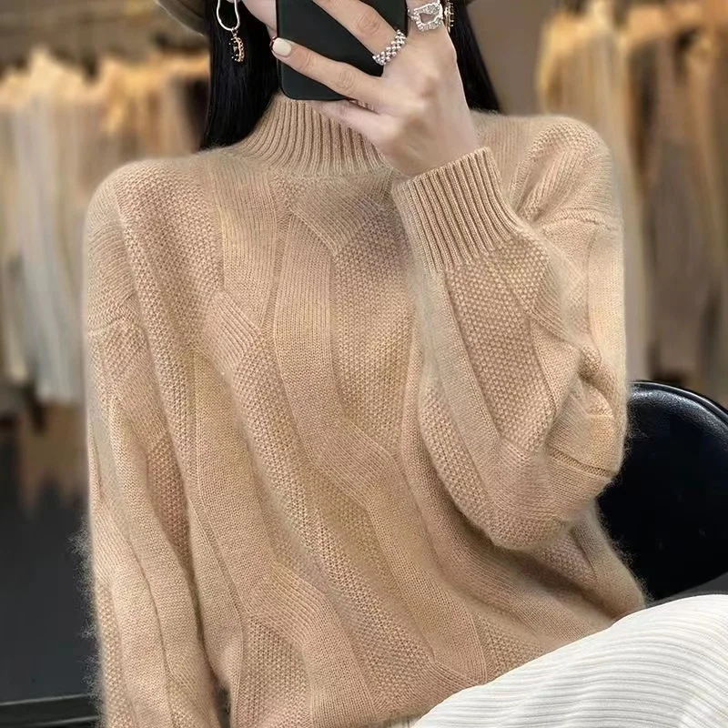 2024 Autumn and Winter New Thick Cashmere Sweater Women Half  Turtleneck Pullover Sweater Warm Loose Knitted Sweater Tops