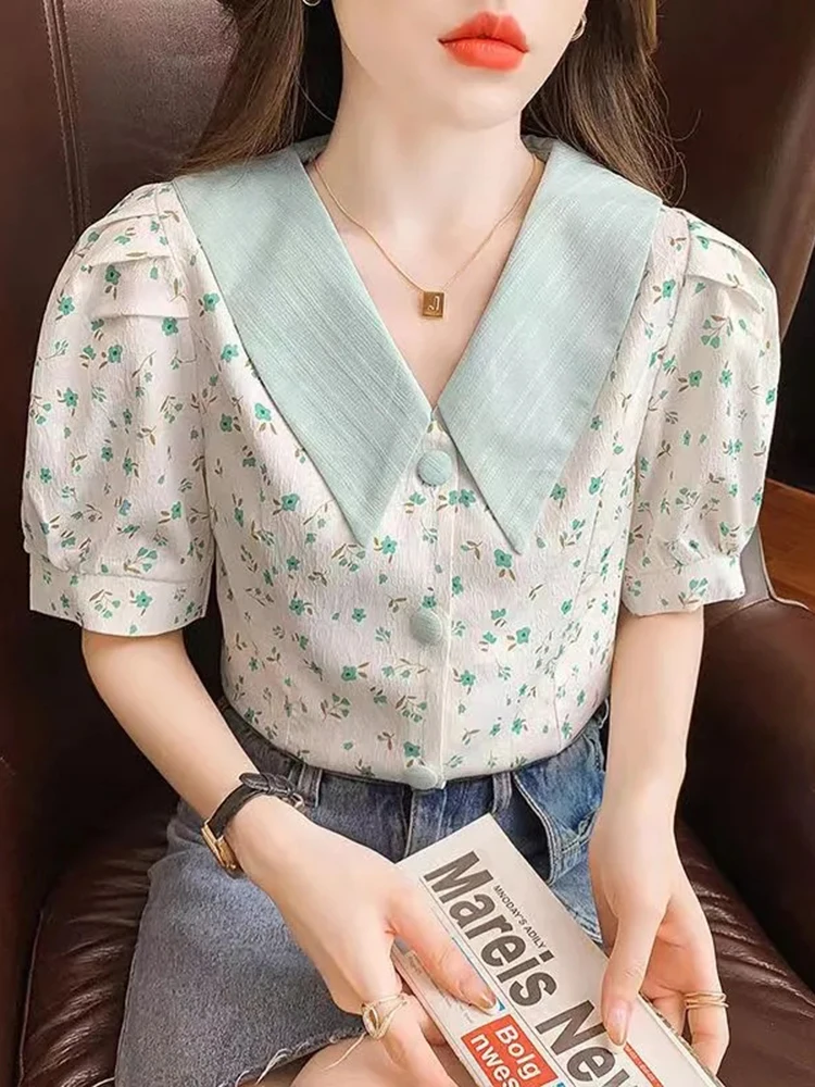 

Jmprs Elegant Women Shirts Office Ladies Short Sleeve Turn Down Collar Fashion Print Floral Designed Female Blouse