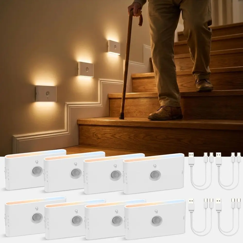 

Rechargeable Motion Sensor Stair Light, Whtie Automatic Lights with Magnetic Mount, Dimmable Step Lights Indoor or Stairway, Hal