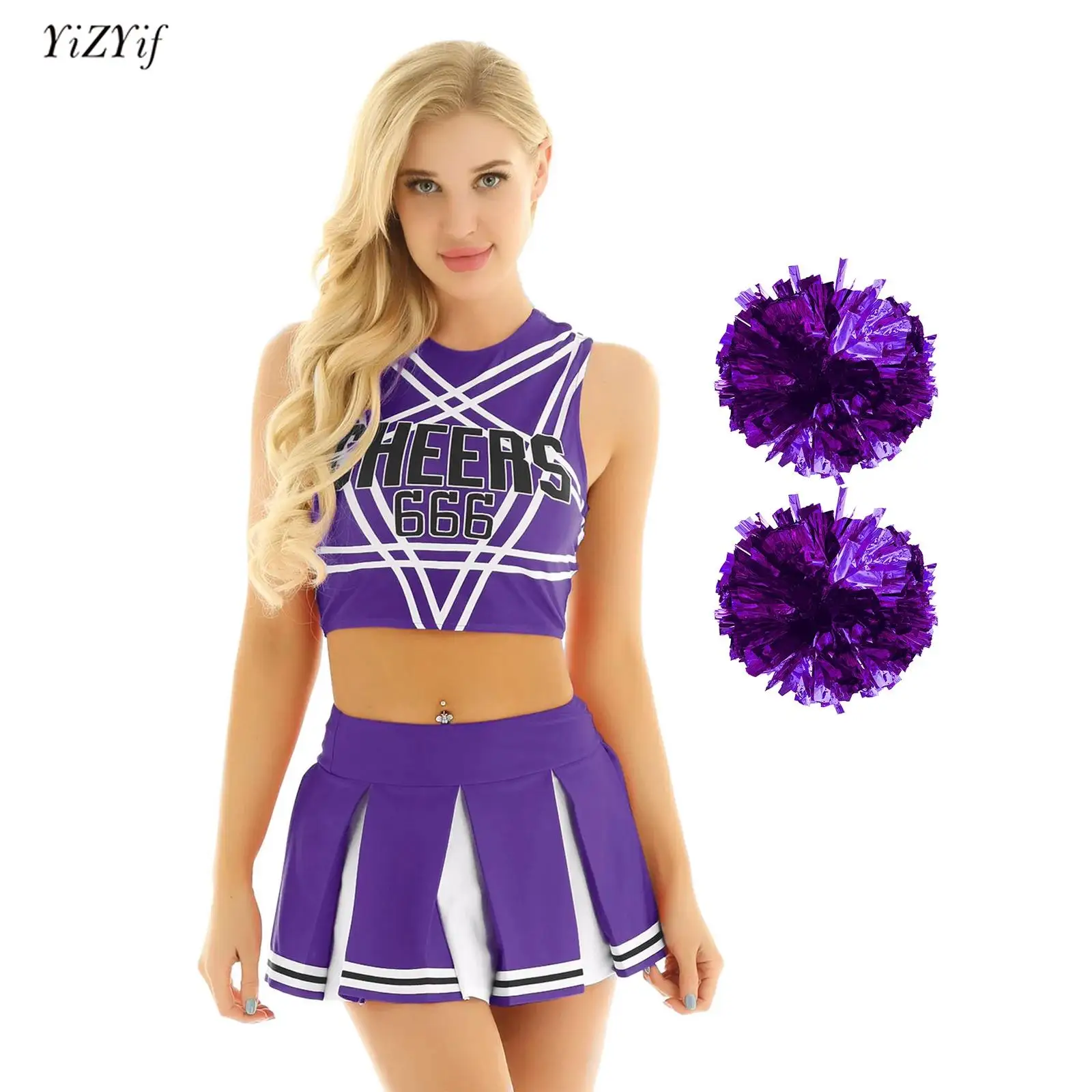 

Womens Adults Cheerleader Uniform Dress Sleeveless Crop Top+Mini Pleated Skirt+Flower Balls Outfits Schoolgirl Role Play Costume