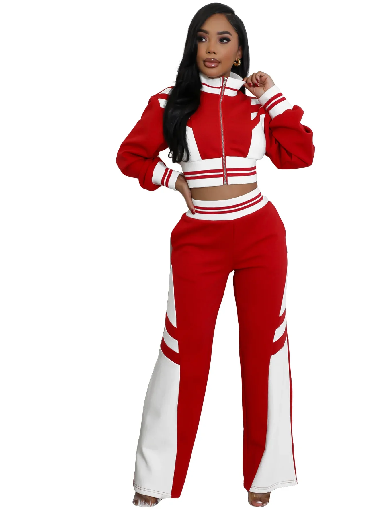 Custom LOGO women's clothing double-threaded color block splicing contrasting color wide-leg micro-flared pants two-piece set