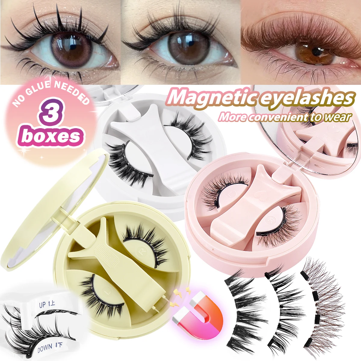MAGEFY 3 Pairs Magnetic Eyelashes Glue Free Reusable Natural Manga Lashes False Eyelashes Cat Eye Lashes Magnetic Tweezers Set