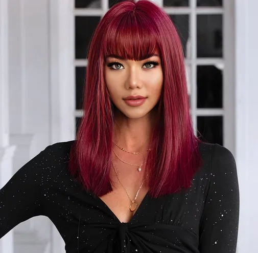 Wig wanita serat sintetis, rambut palsu lurus panjang, dengan pinggiran anggur merah, rambut panjang medium, suhu tinggi