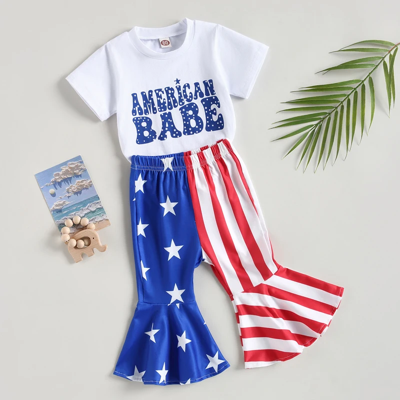 4th of July Toddler Girls Clothing Set Patriotic American Flag Print Short Sleeve T-shirt and Star Stripe Flare Pants Outfit