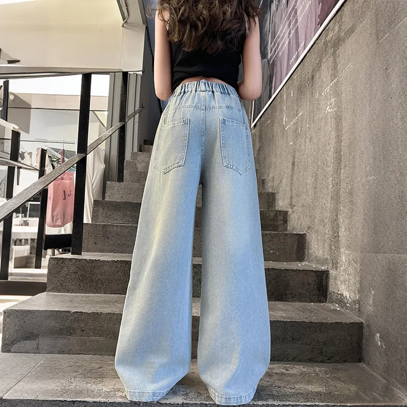 Children Girls Jeans UNITIM Summer 4-14Y Kids Girls Denim Pant Knotbow Print Thin Teens Girl Wide Leg Pant Girls Casual Trousers