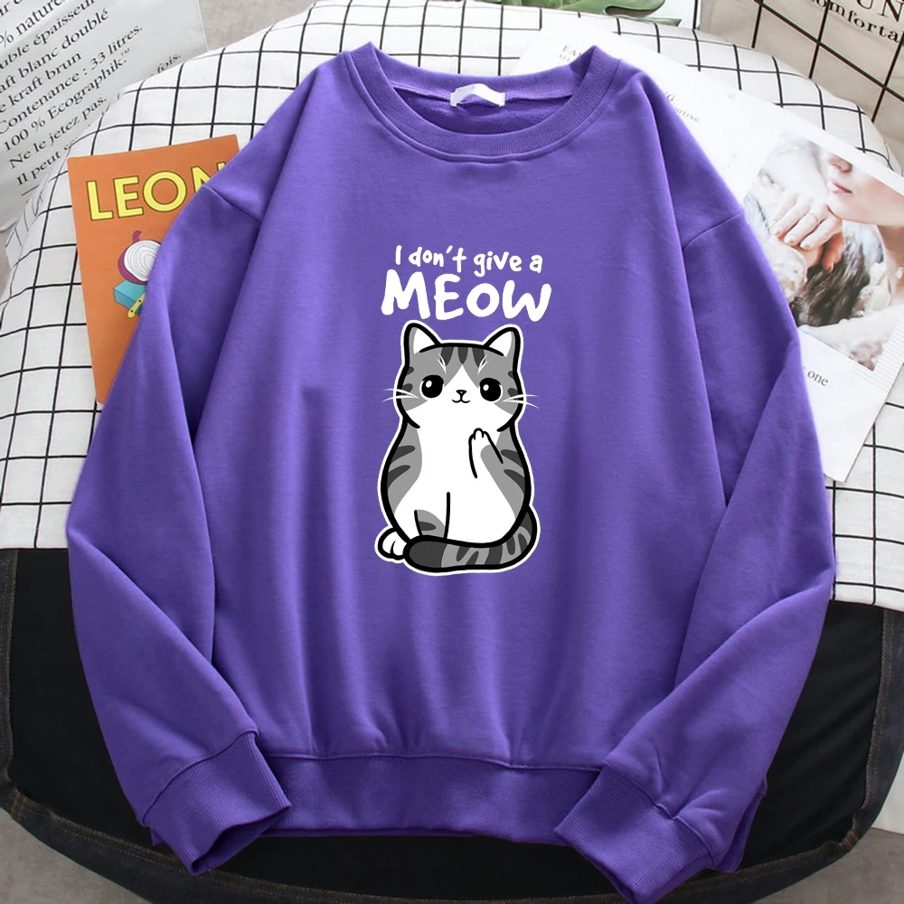 Simple Autumn Womens Sweatshirt I Don\'T Give A Meow Funny Cat Cartoon Animalmale Print Hoody Fleece Pullovers Loose Warm Tops
