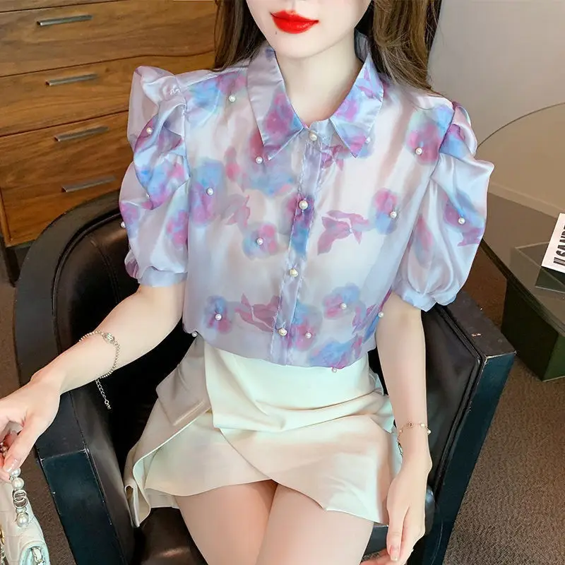 Heavy Craft Beaded Chiffon Blouse Summer New Style Slimming Floral Women's Sweet Top