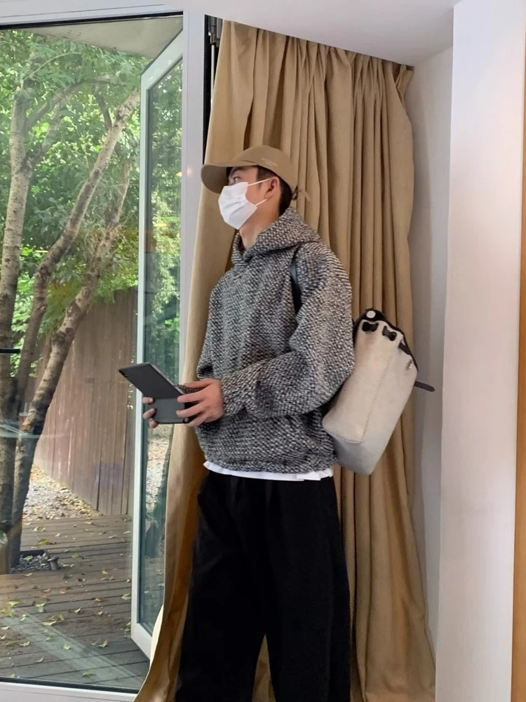 سترة رجالية فاخرة بغطاء للرأس لفصلي الخريف والشتاء، جاكيت سميك عصري من التويد، فضفاض بأكمام طويلة، ملابس كاجوال للشباب