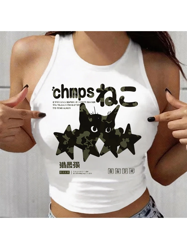 Y2K Women's Geometric Print Sleeveless T-Shirt Playful Graphic Korean Style Fashion Lovers Crop Tank Tops Clothes Female Sexy