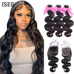 ISEE Brazilian Body Wave 3/4 Bundles With Closure 4X4 Frontal Remy Human Hair Extensions For Women Long Natural Can Be Dyed