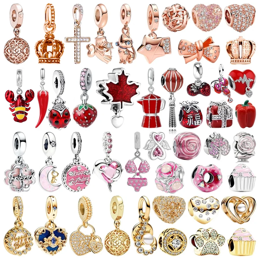 925 Silver Rose Gold Charms Beads,Crown,Cross,Lobster,Strawberry,Rose,Birthday Cake,Paw Print,Women DIY Jewelry Making Gifts
