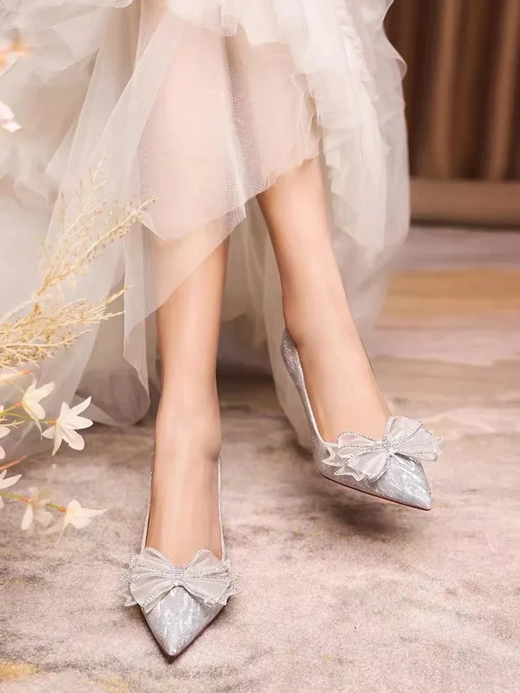 2023 New French Crystal Red-soled High-heeled Shoes with Silver Bow and Ladies' Bride Shoes