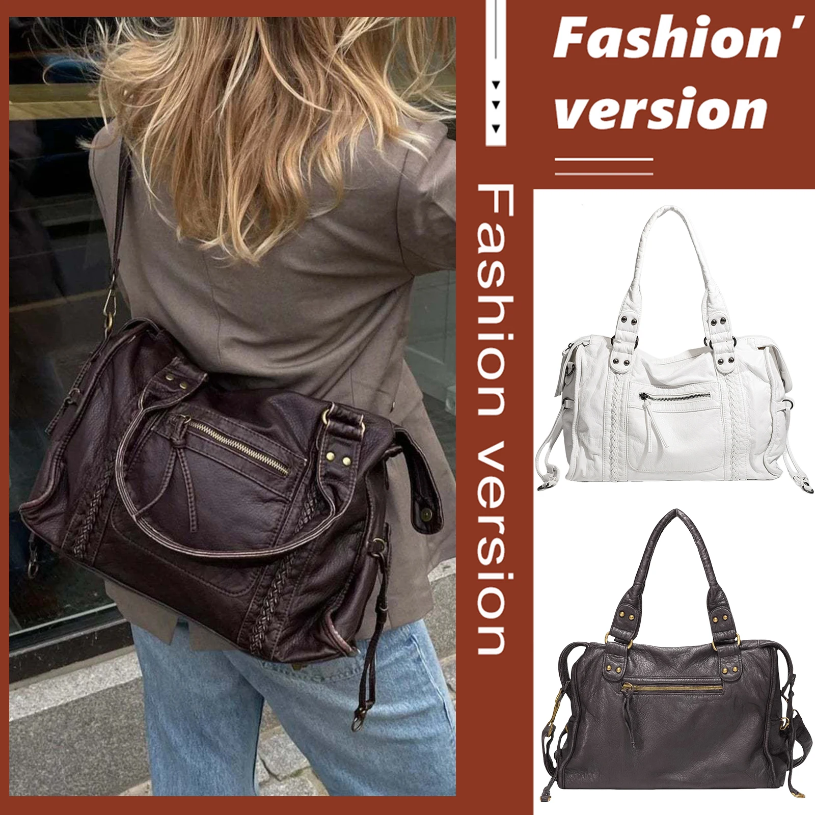 

Retro Tote Bag PU Leather Single Shoulder Bag Large Capacity Top Handle Bag for Women Work Travel Daily Shopping