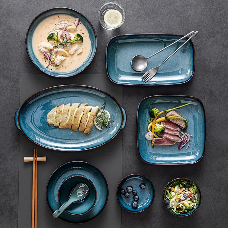 Blue Kiln Glazed Ceramic Plates, Microwaveable Dinner Plates, Round Rice Salad Bowls, Household Tableware