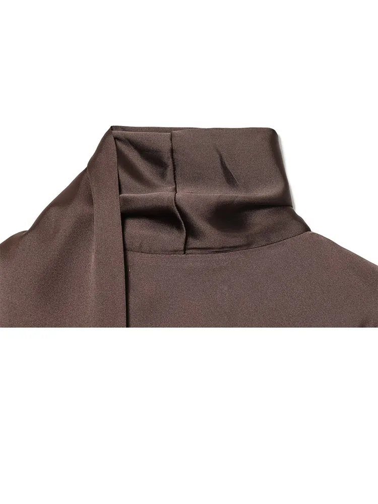 HH Women's French Scarf Decorated V-Neck Mini Dress Silk Satin Texture Light Luxury Elegant High Waist Slim Party Dress