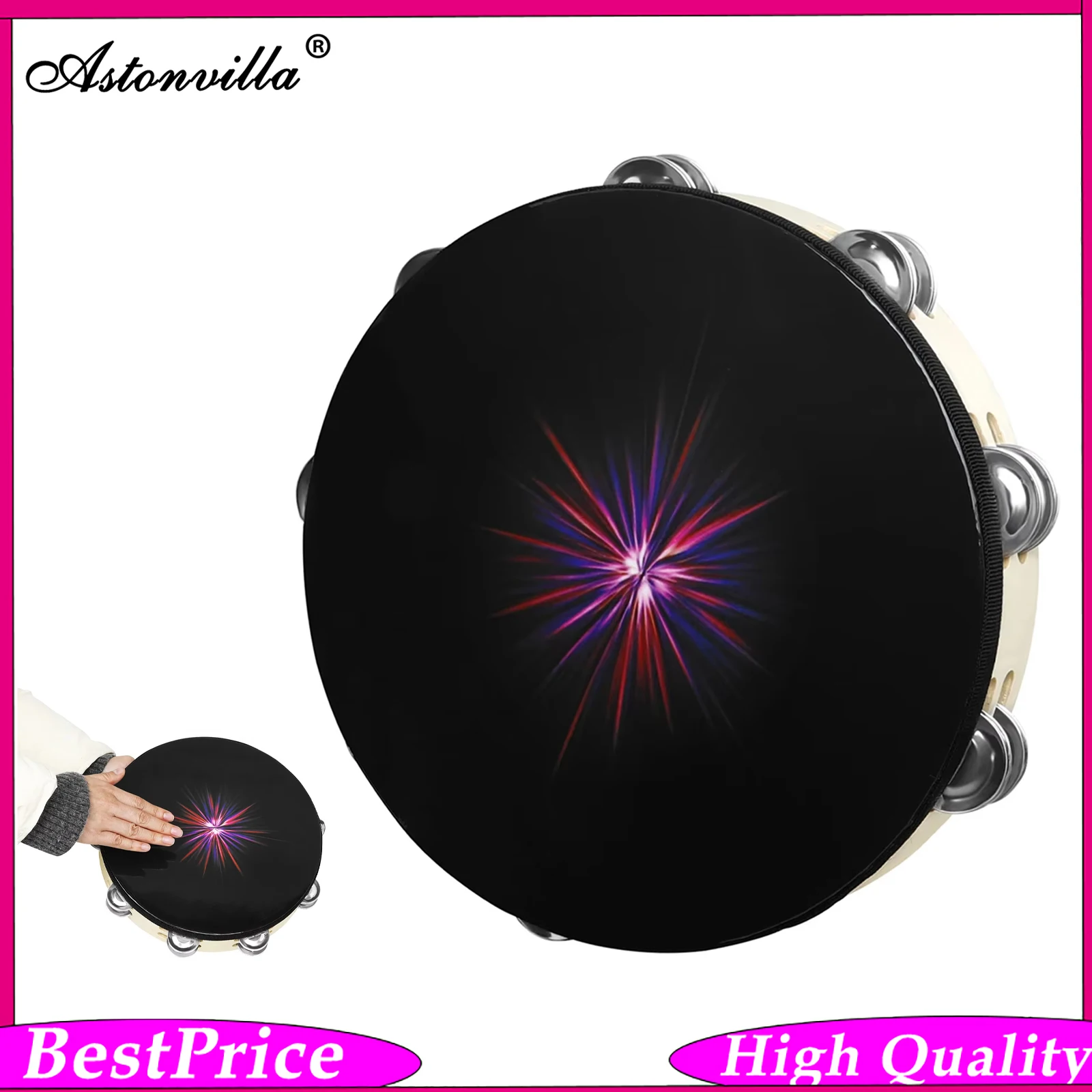 DT-73 10 Inch Colorful Double Row Tambourine Black Hole Ray Hand Shake Bell Drum Percussion Instrument for Rhythm Learning