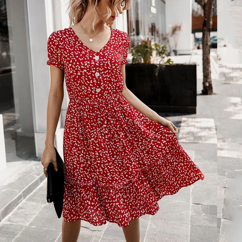 

Summer Elegant Boho Floral Print Midi Dress Women V Neck Button Fashion Beach Ruffles Dresses For Women Sundresses Red Vestidos