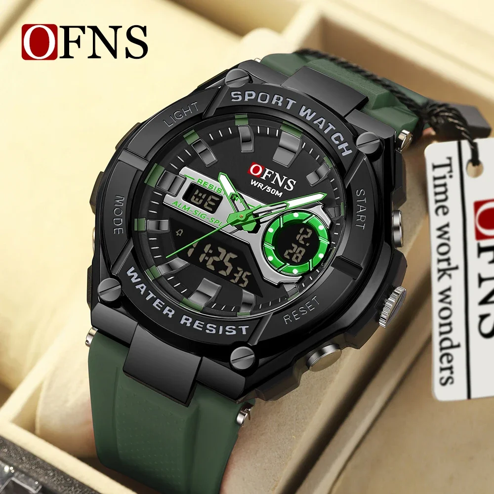 OFNS-Relógio de quartzo impermeável casual masculino, esportes, militar, LED Digital relógios, marca, novo, 3123