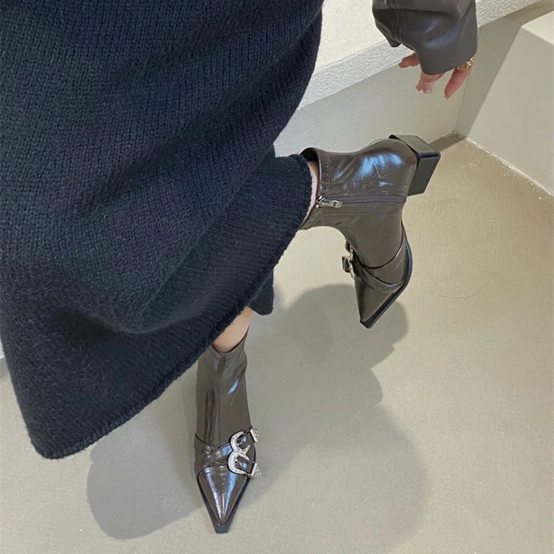 Designer Pointed Toe Women Ankle Boots Fashion Thick Heel Slimming Short Booties Autumn Winter Female Shoes