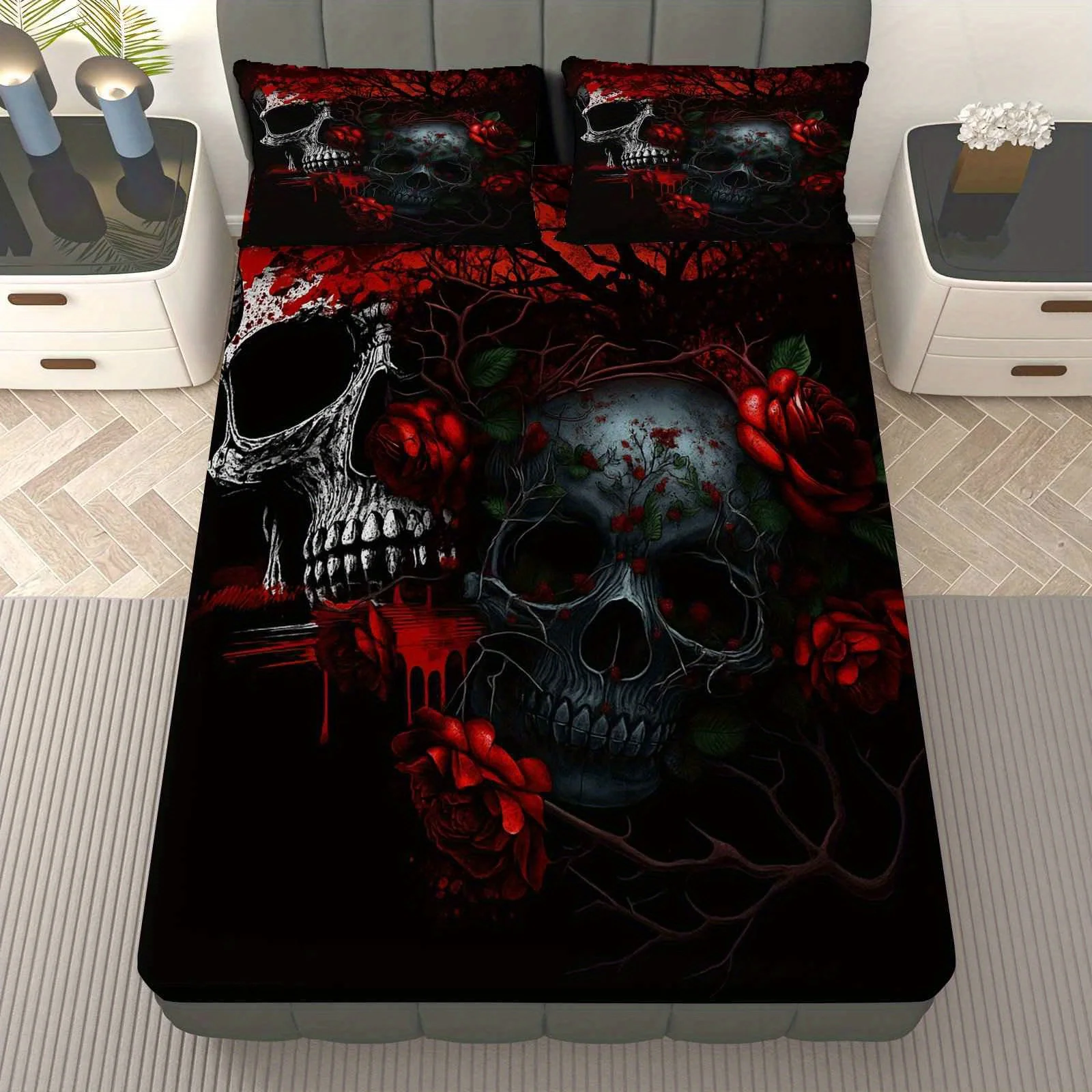 3-Piece Set of Dark Gothic Skull Rose Bed Sheets (1 Fitted Sheet + 2 Pillowcases, No Core), Halloween Theme, Horror Style, Soft and Breathable, Suitable for Decorating Bedrooms, Living Rooms, Study Rooms, Parties