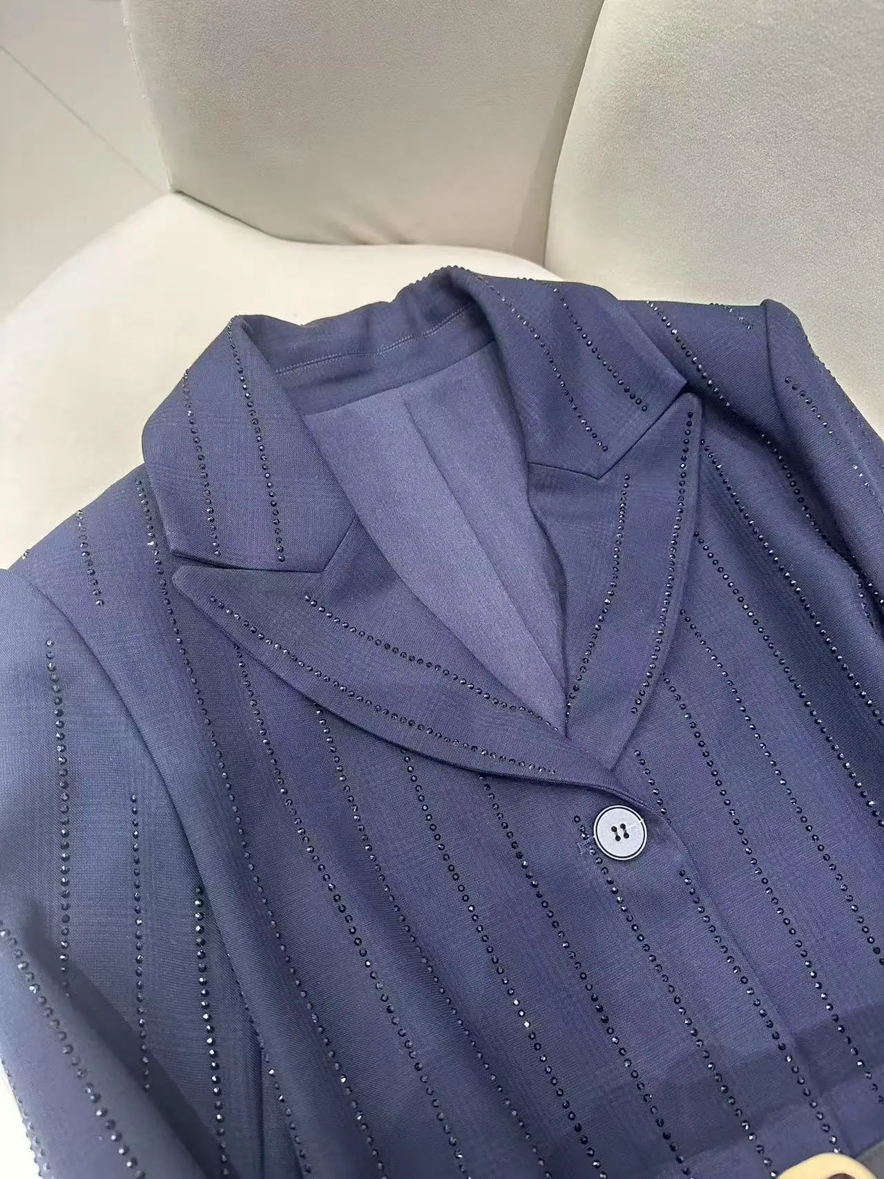 Women's dark blue diamond striped suit jacket with long sleeves, single breasted slim fit, elegant blazer for women