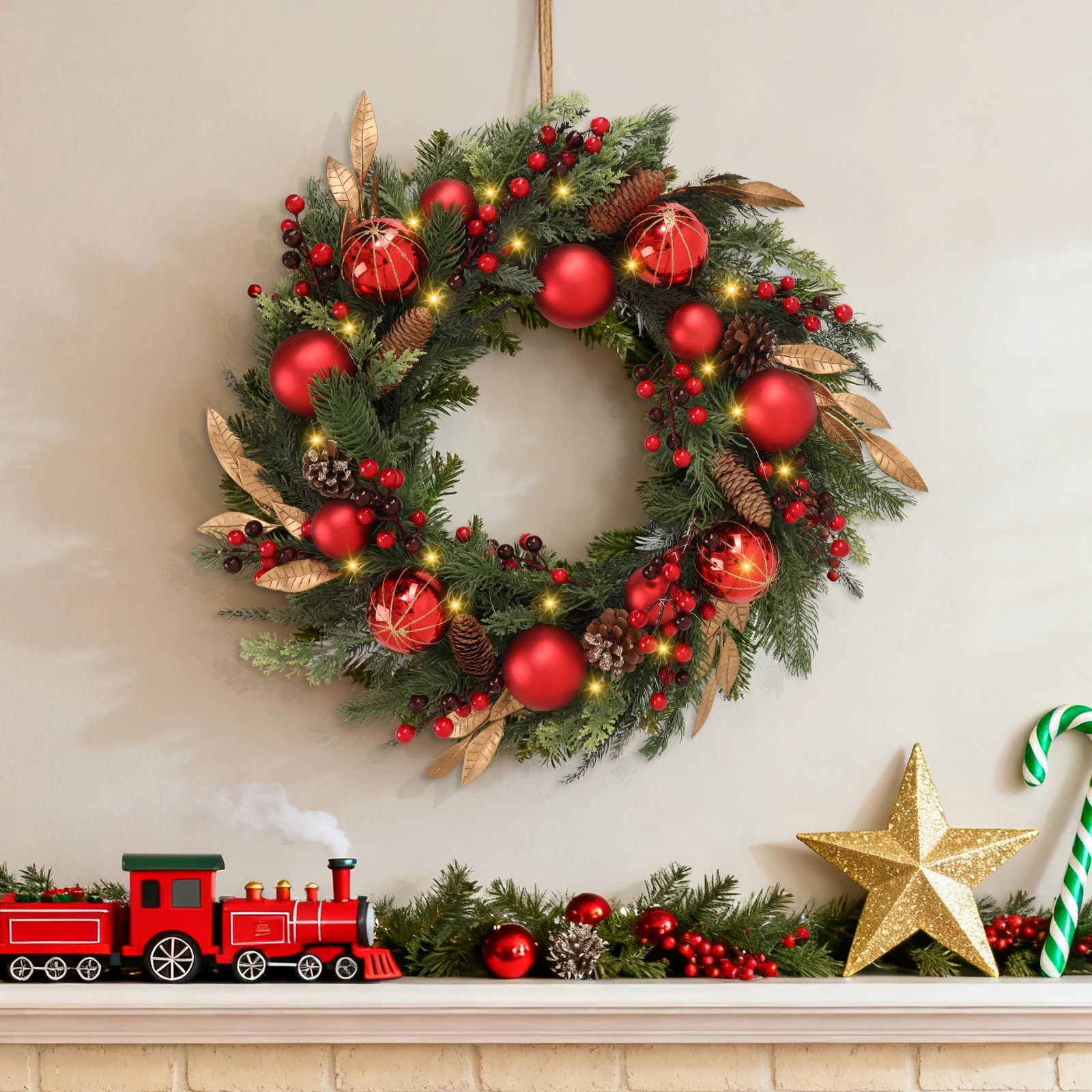 

24" Battery-Operated Christmas Wreath 50 LED Pre-lit, Shatterproof, for Outdoor/Indoor