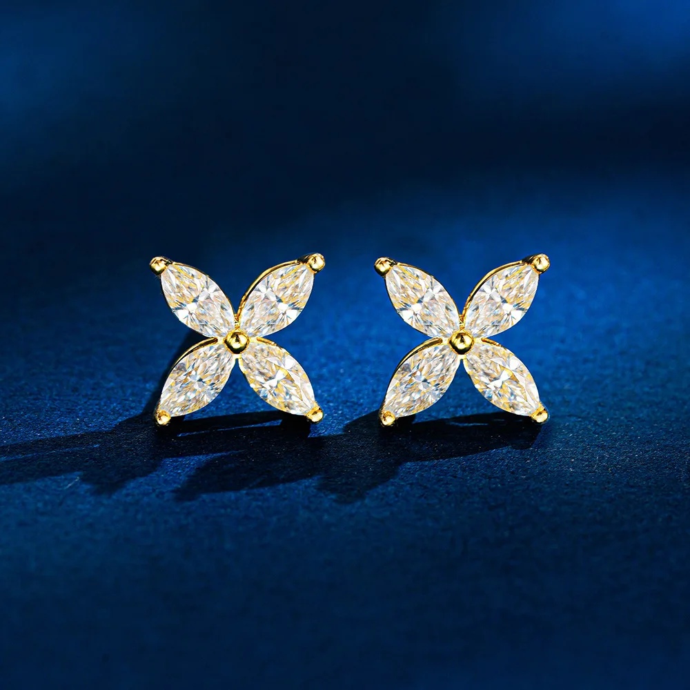 Lumia Lucky Knot Flower-Shaped 18K Gold Stud Earrings for Women Featuring Marquise-Cut Moissanite Stone Girlfriend Gifts
