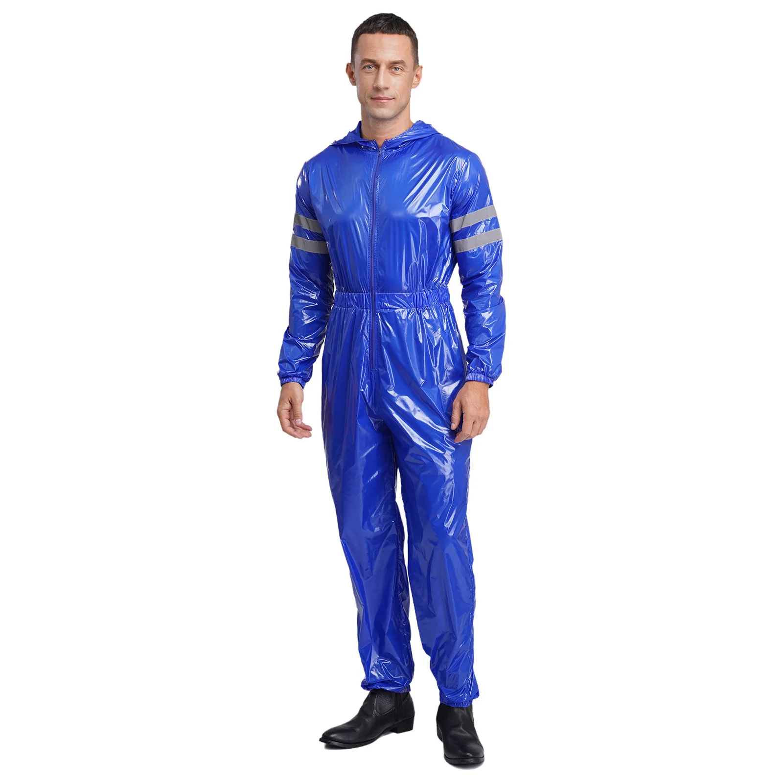 Men Shiny Water Resistant Coveralls Overalls High Visibility Reflective Strips Long Sleeves Elastic Waist Hooded Work Jumpsuits