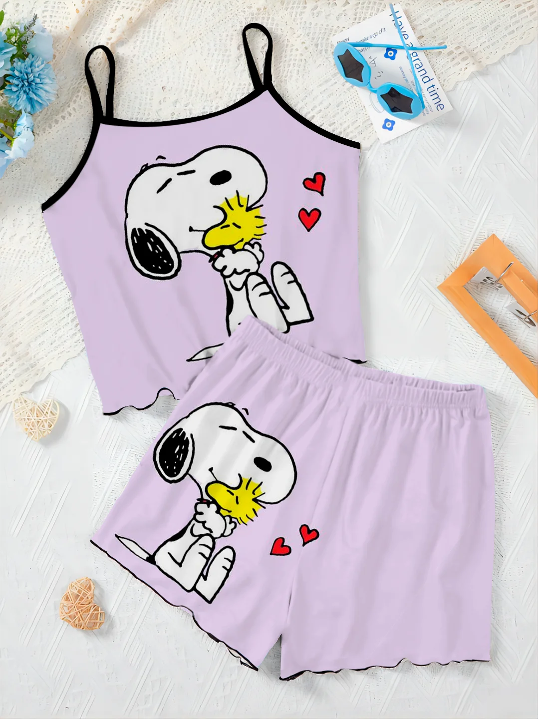 

Snoopy Lettuce Trim Home Dress T-shirt Two Piece Set Elegant Women's Sets Top Disney Pieces Short Suit Bottom Disney Slip Dress