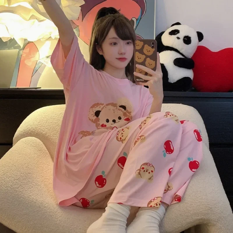 140Kg Large Size Korean Ins Pajamas Set for Women Cartoon Short Sleeve Trousers Can Be Worn Outside 2-piece Loose Home Clothes