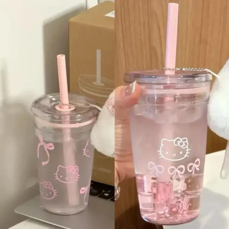 Anime Hello Kitty Pink Straw Cup KT Cat Large-Capacity Transparent Plastic Water Cup Kawaii Plastic Portable Cup Christmas Gifts