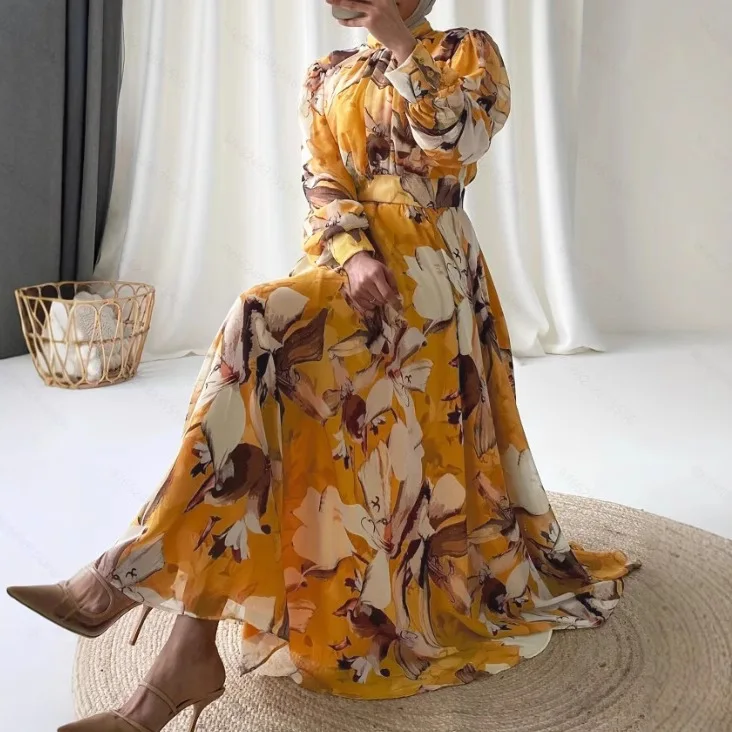 

Muslim Long Dresses for Women Middle East Dubai Yellow Abayas Spring New Arrival Chiffon Printed Elegant Girl's Clothing